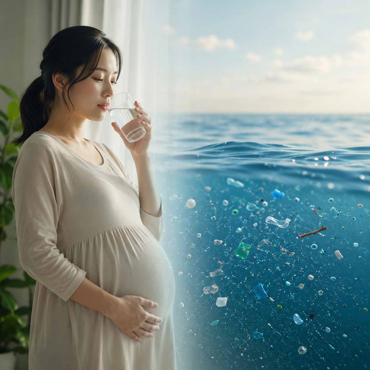 マイクロプラスチックへの日常的なばく露を象徴する画像。
