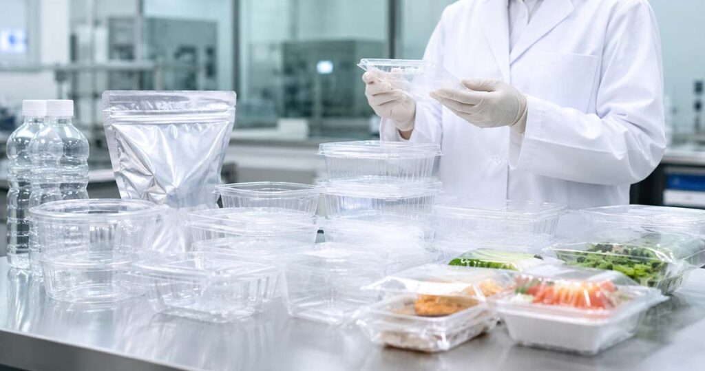 検査室で食品用プラスチック容器を確認する様子を示す写実的なイラスト。EUの食品包装化学物質規制をイメージした画像。