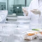 検査室で食品用プラスチック容器を確認する様子を示す写実的なイラスト。EUの食品包装化学物質規制をイメージした画像。
