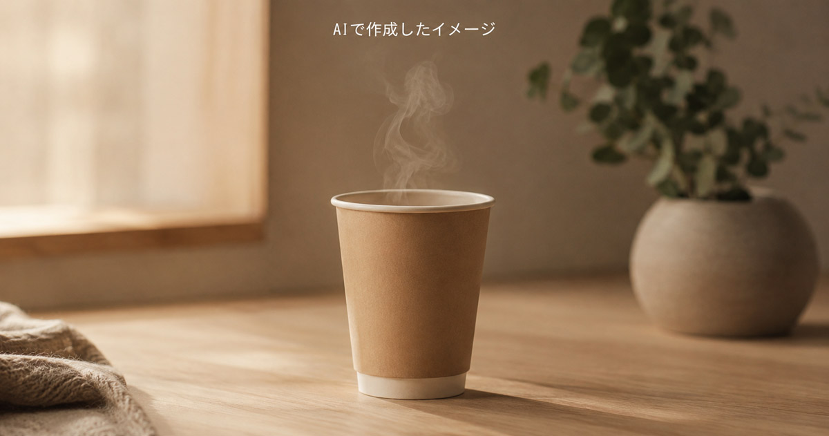 湯気の立つ使い捨て紙コップの写真。マイクロプラスチック放出に関する記事のアイキャッチ画像。