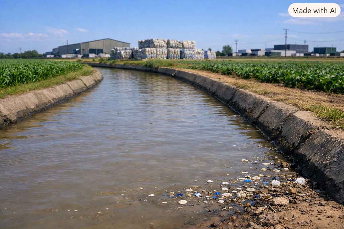 トルコの農業地帯を流れる灌漑用水路とその近くにあるプラスチックリサイクル施設を写した写実的な風景イメージ