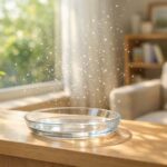 陽光が差し込むリビングの窓辺のガラス皿と、空気中に舞う微細な粒子を表現したイラスト。家庭内の微細な粒子調査をイメージした画像。