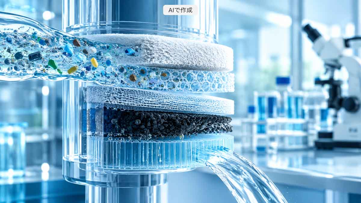 腎臓の精密な濾過構造と科学研究をイメージした、青とチール色を基調とした現代的なグラフィック画像。